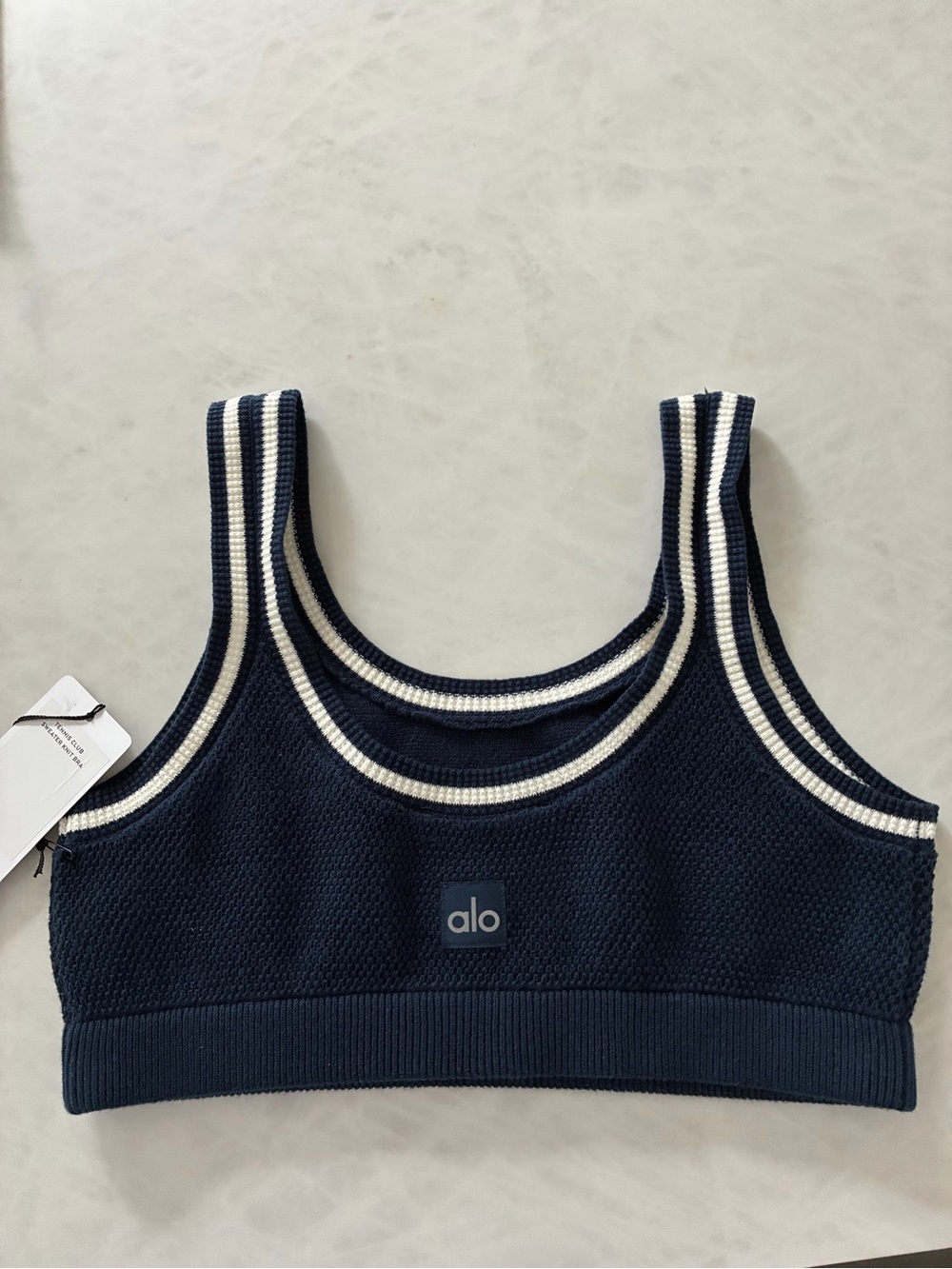 ALO Yoga Navy and White Ribbed Stripe Sports Bralette
